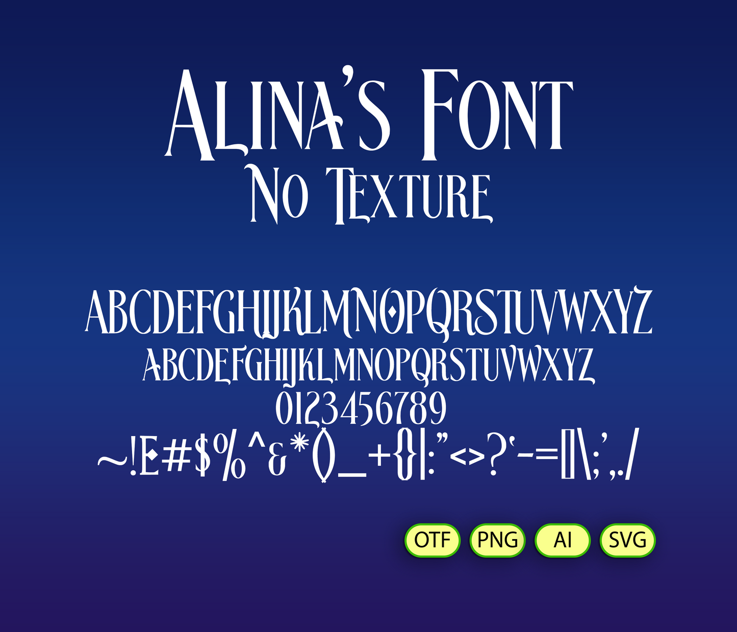 Alina's Font display with letters and numbers on a blue background