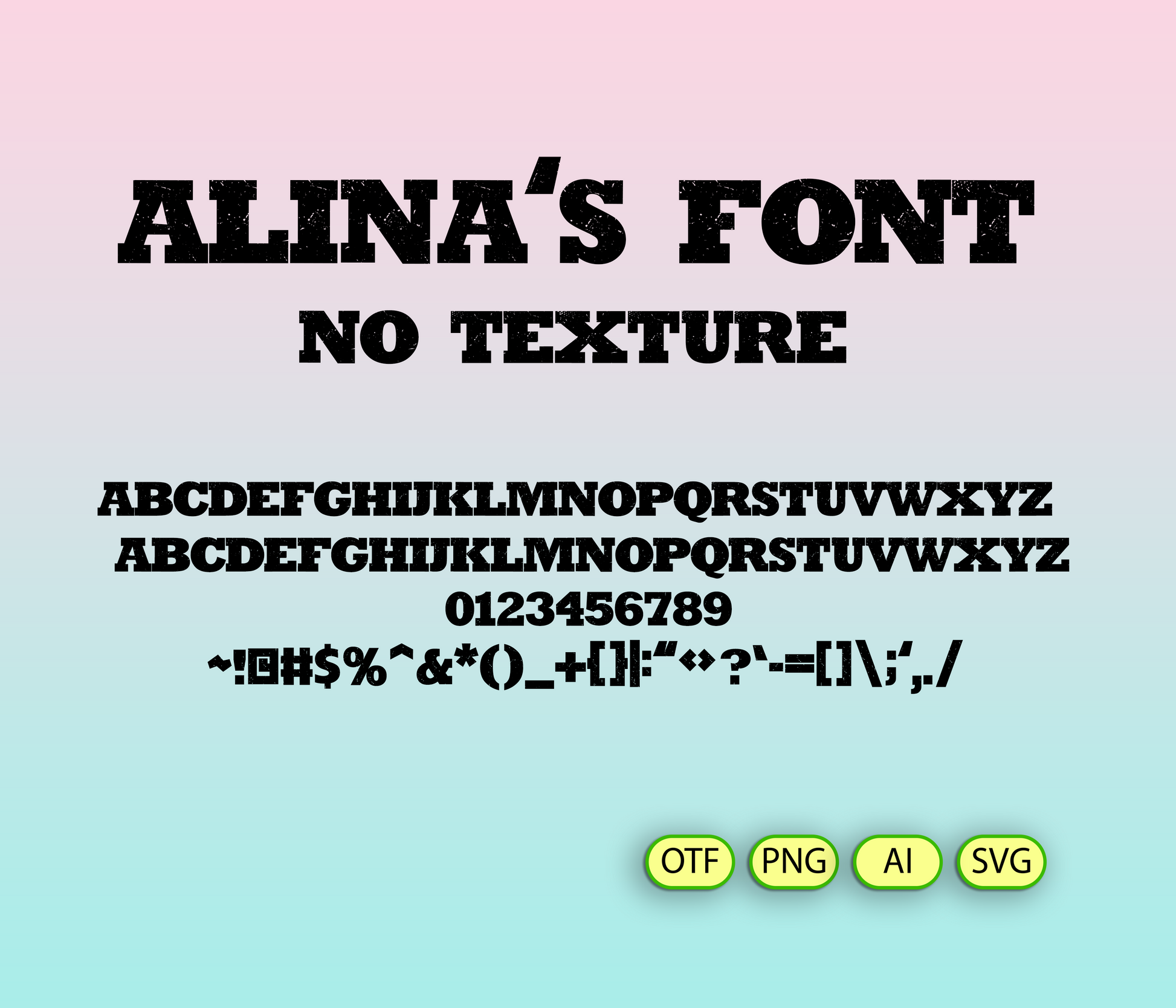 Display of 'Alina's Font' with text and character set on a gradient background