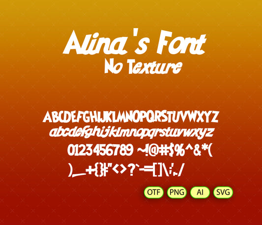 Display of 'Alina's Font' with letters, numbers, and symbols on a gradient orange and red background.