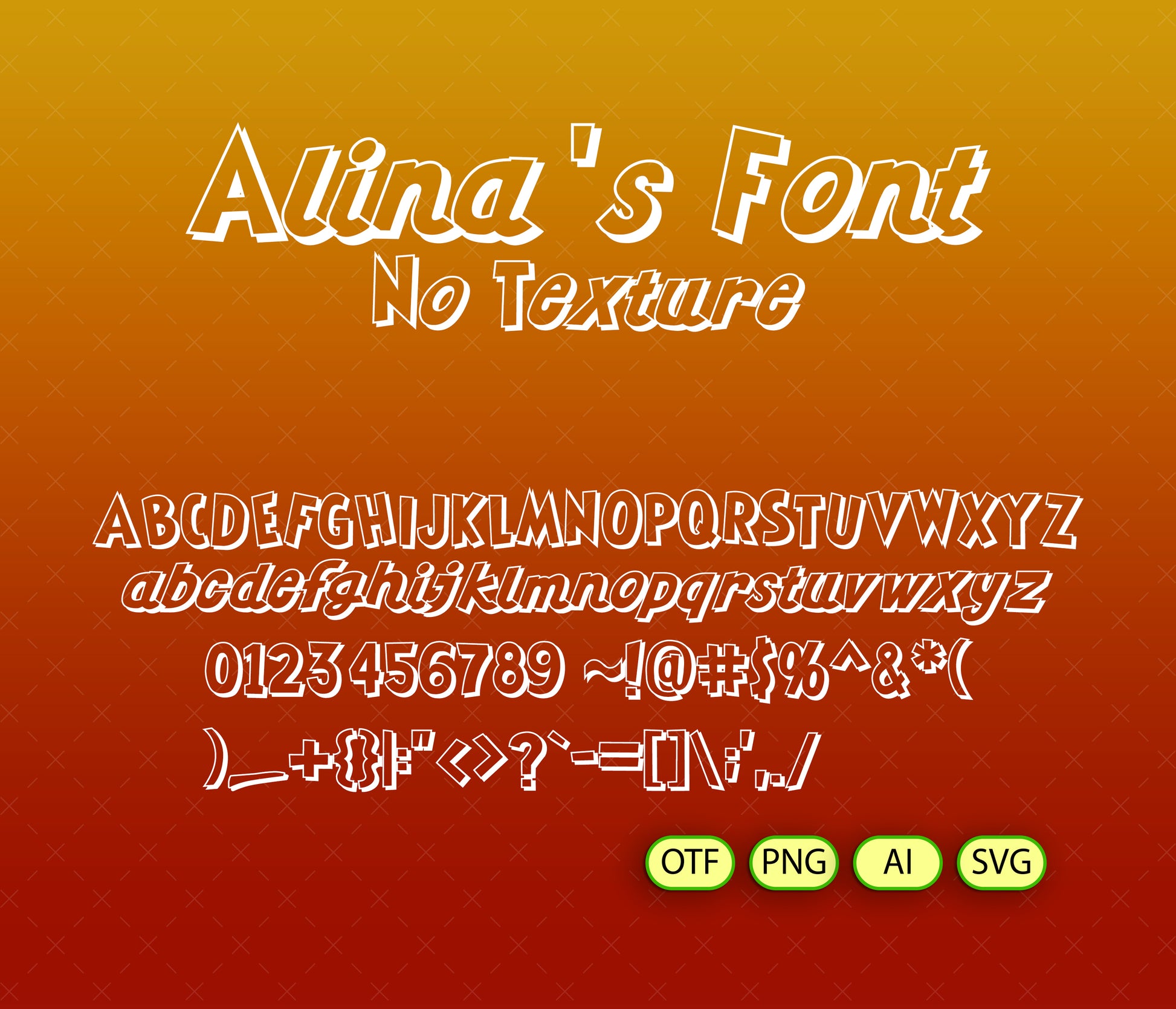 Display of 'Alina's Font' with letters, numbers, and symbols on a gradient background.