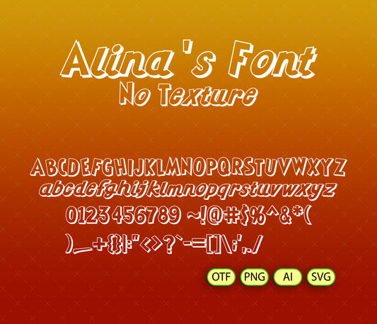 Display of 'Alina's Font' with letters, numbers, and symbols on a gradient background.