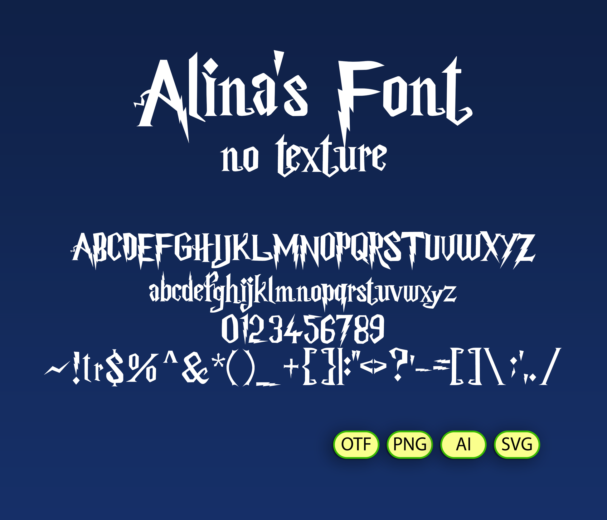 Display of 'Alina's Font' with letters, numbers, and symbols on a blue background.