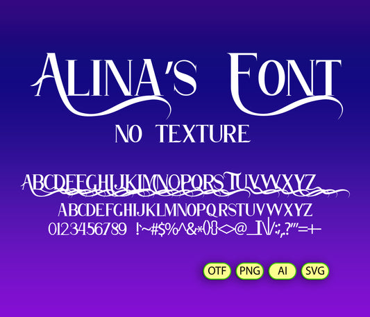 Display of 'Alina's Font' with letters and numbers on a purple background