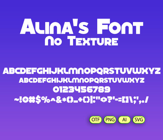 Alina's Font display with letters and numbers on a purple background