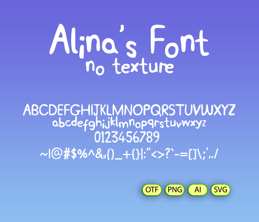 Display of 'Alina's Font' with alphabet, numbers, and symbols on a blue background.