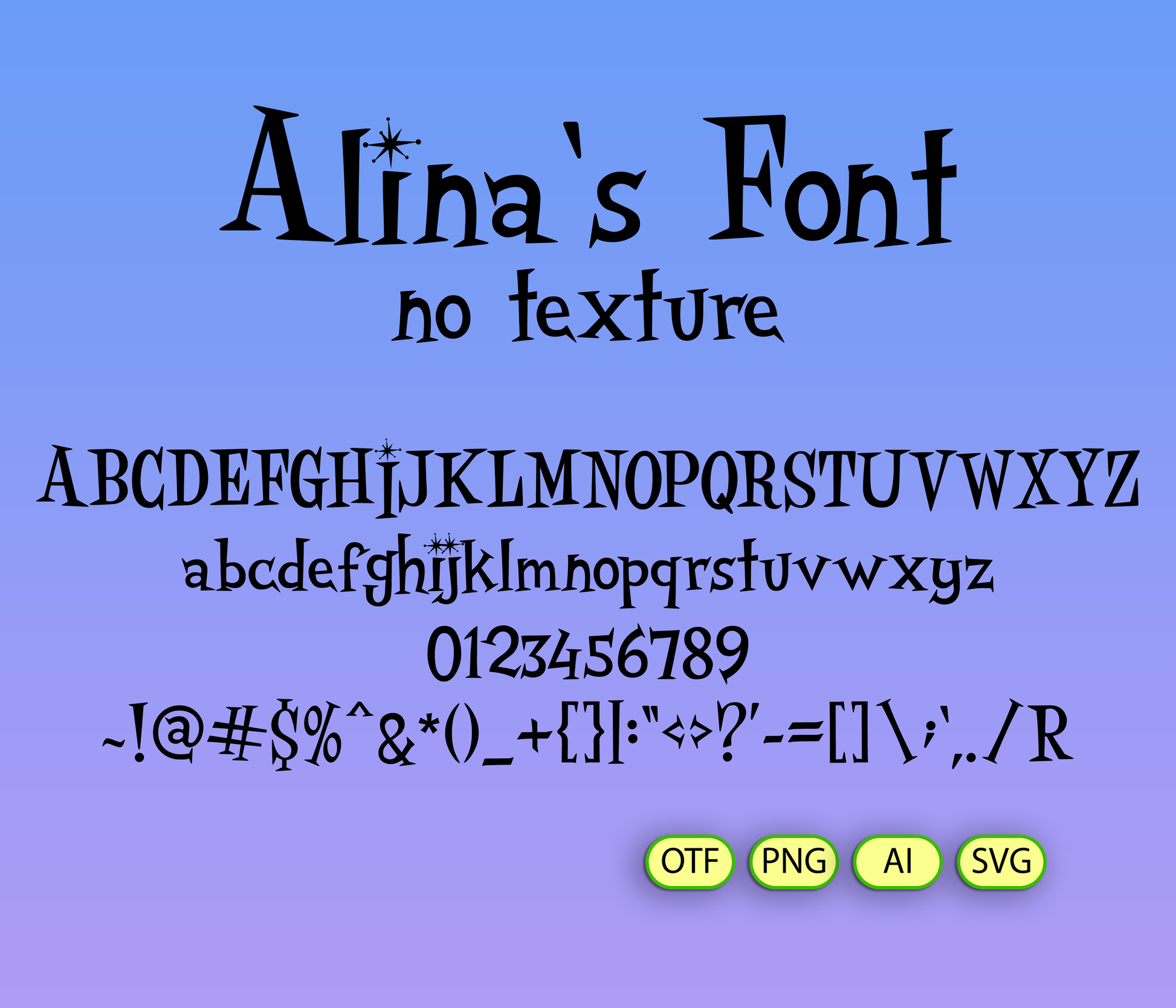 Display of 'Alina's Font' on a blue background with text and file format options.