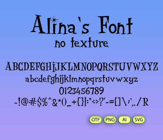 Display of 'Alina's Font' on a blue background with text and file format options.
