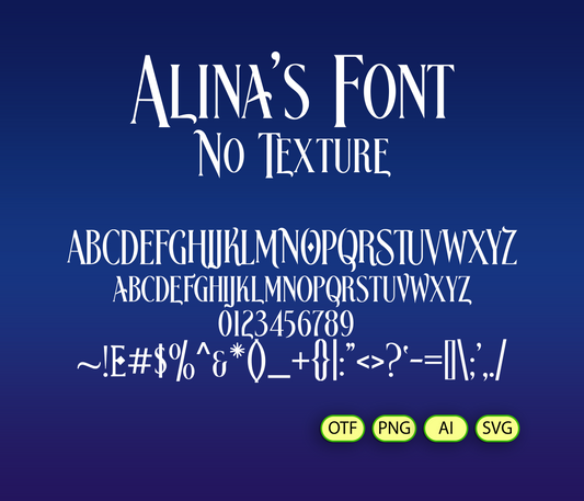 Alina's Font display with letters and numbers on a blue background