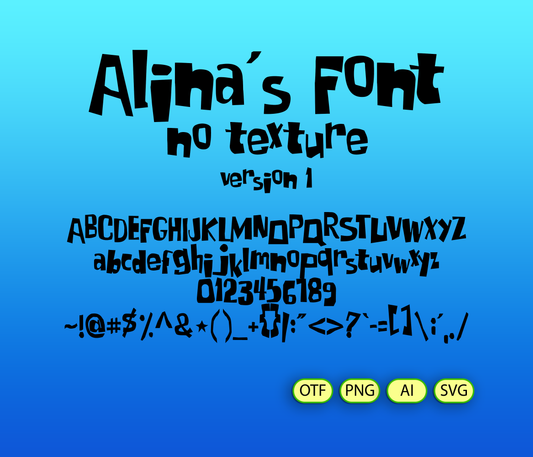 Display of 'Alina's Font' on a blue background with font sample and file format options.