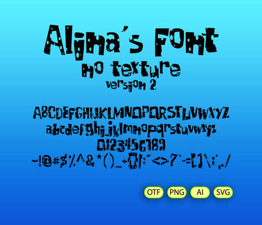 Display of 'Alina's Font' on a blue background with font characters and file format options.